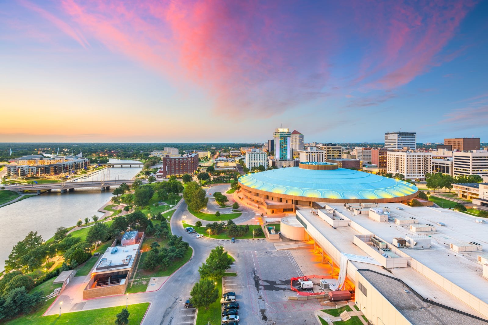 Downtown Wichita and the Arkansas River at dusk