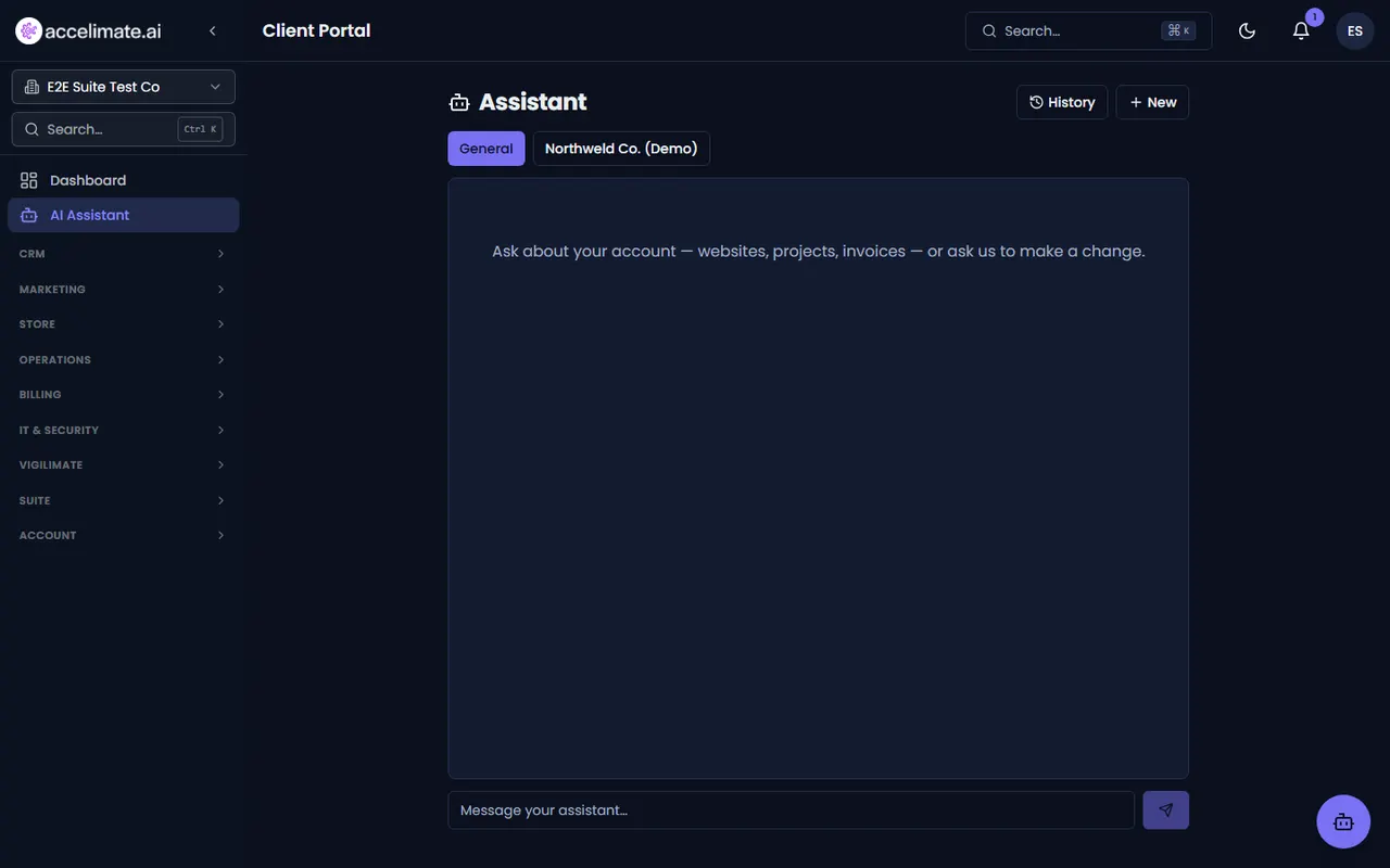 Accelimate AI assistant chat: ask about your account or ask it to make a change, with a General assistant and a site-specific assistant tab