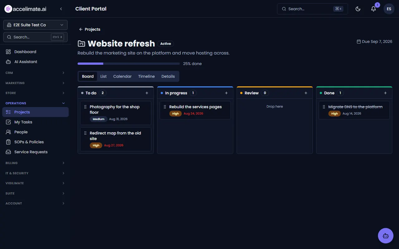 Accelimate AI project board for a demo website refresh project: To do, In progress, Review, and Done columns with priority and due dates