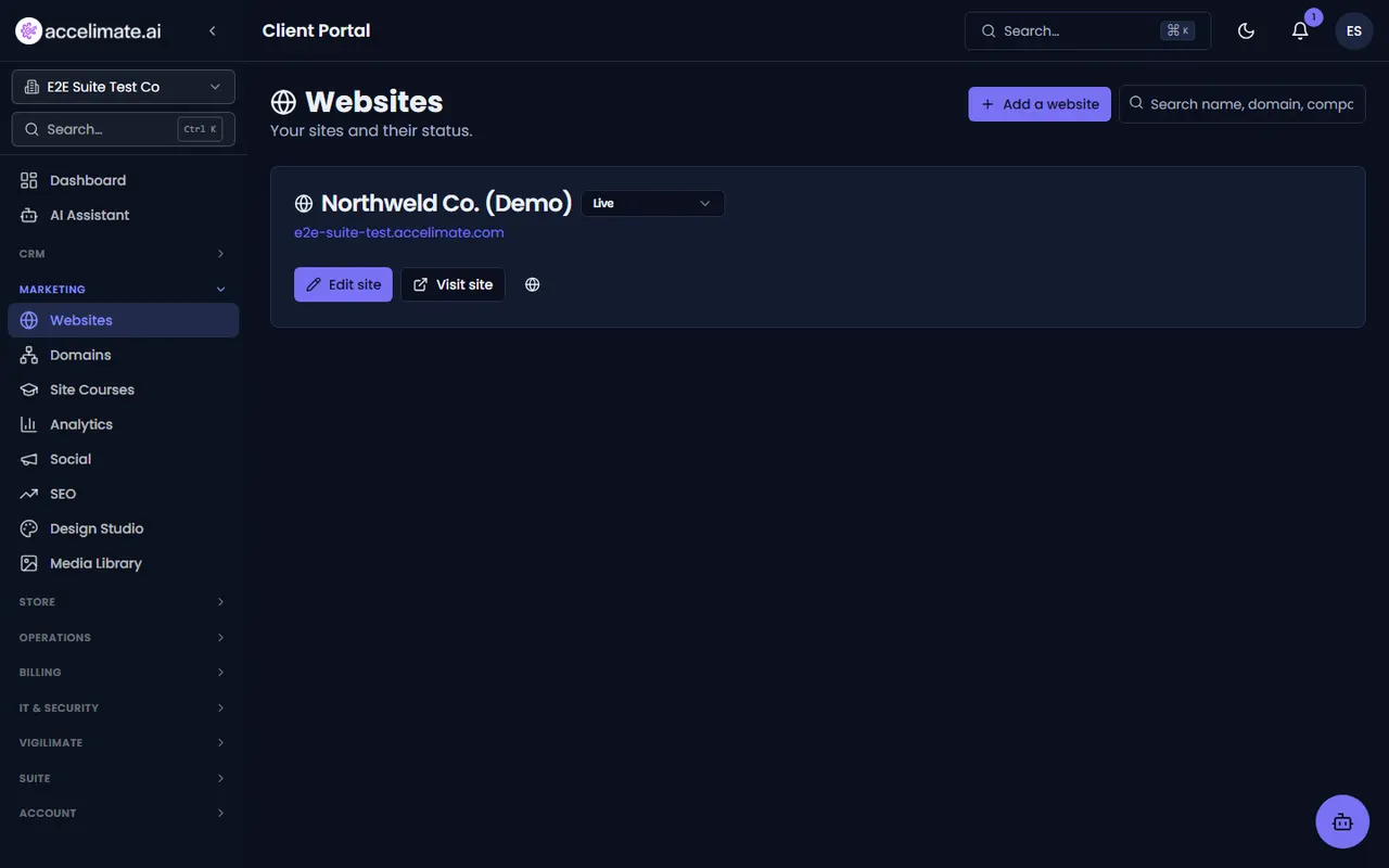 Accelimate AI websites screen showing a live demo site with Edit site and Visit site actions