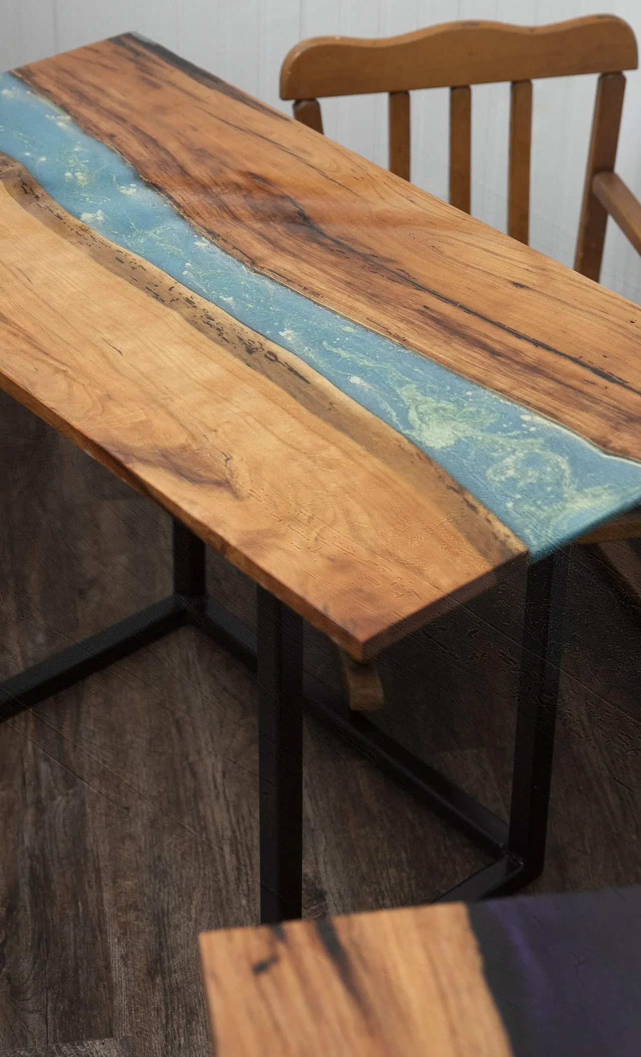 Live edge cherry side table with bronze and gold epoxy