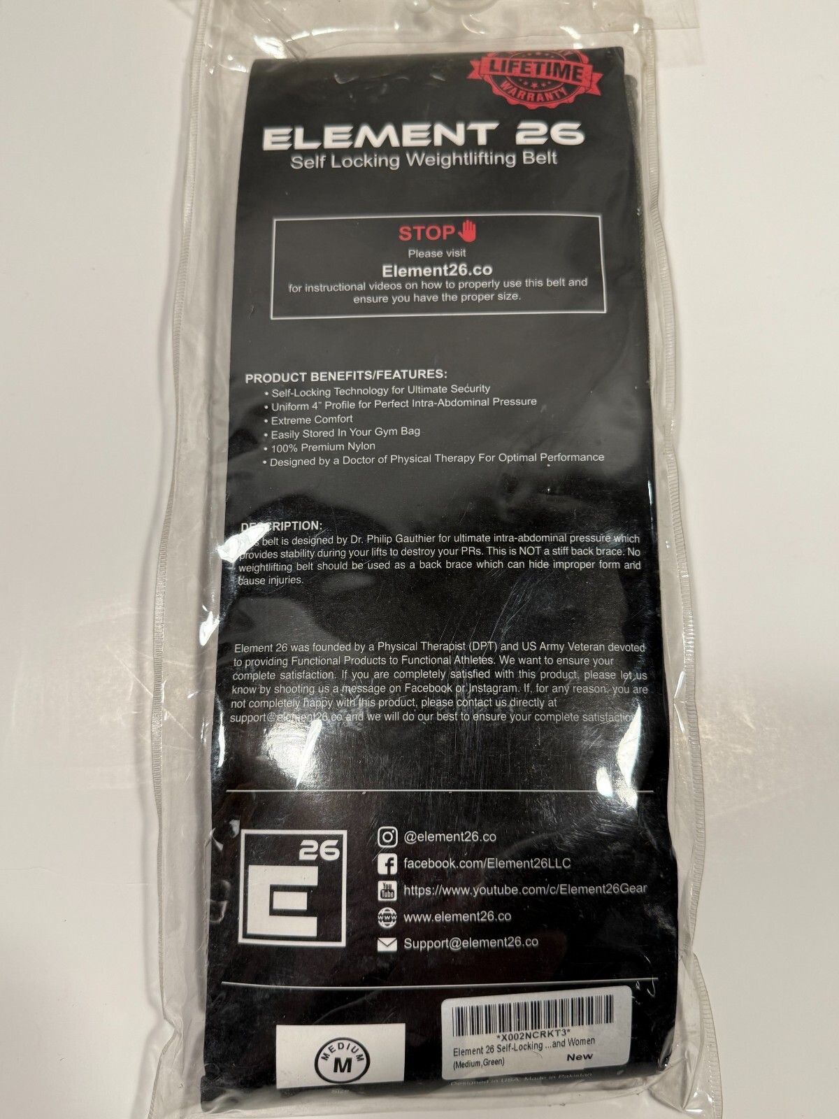 Element 26 Self-Locking Weight Lifting Belt Black Nylon Powerlifting Gym New